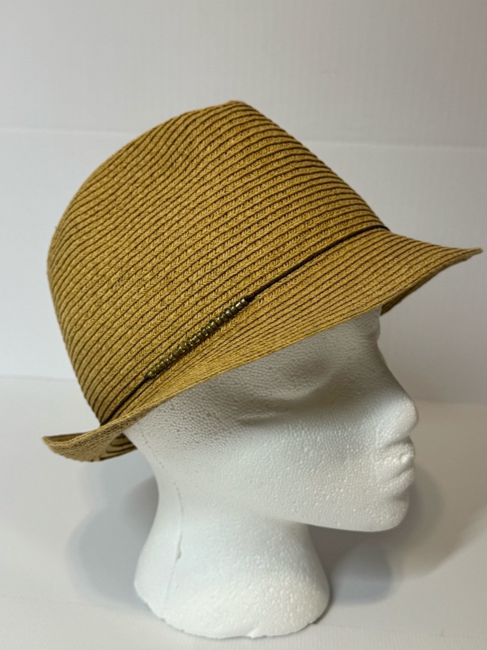 Tan Paper Straw Fedora Hat with Beaded Band Packable Summer Sun Hat